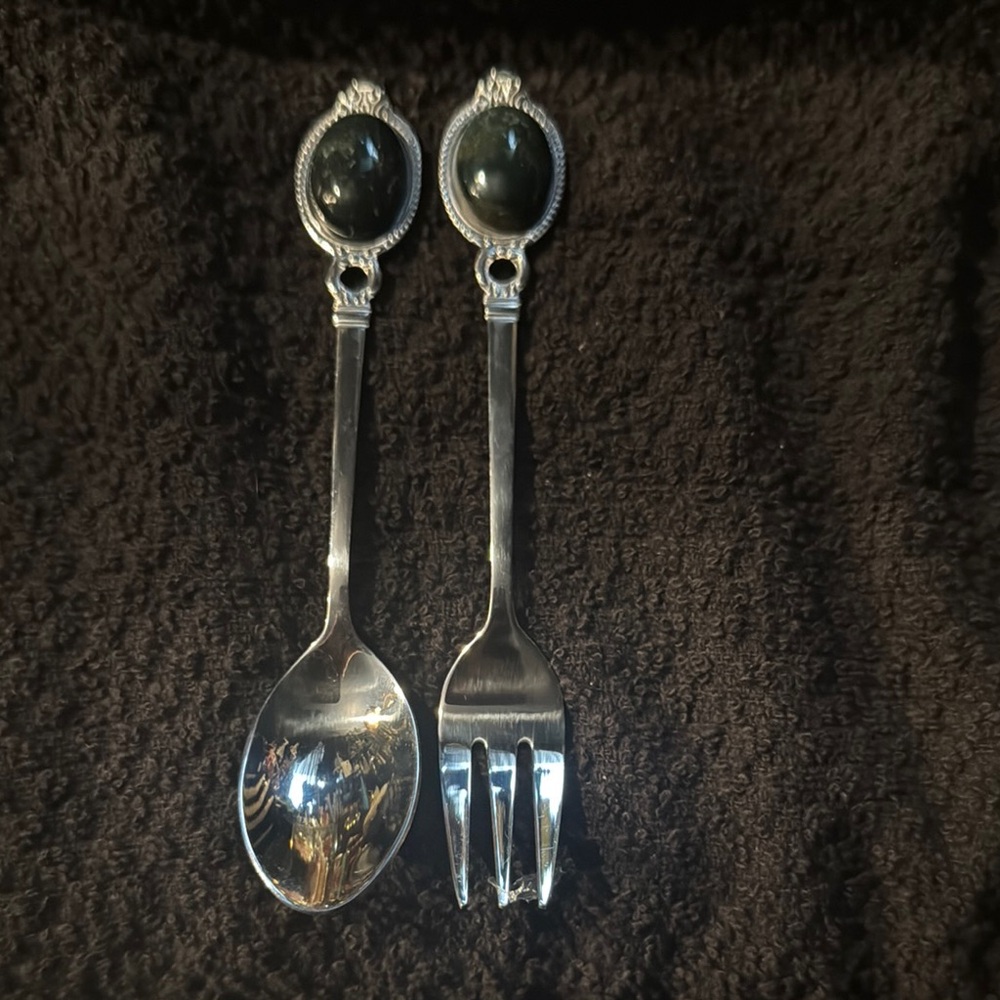 Elegant Small Silver Spoon and Fork Set with pietersite stone